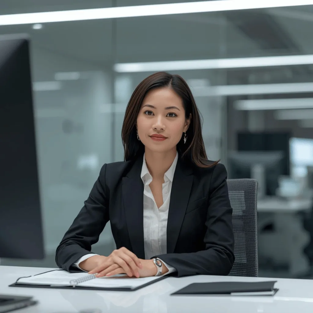Headshot of Lydia, an office worker sitting at her desk.