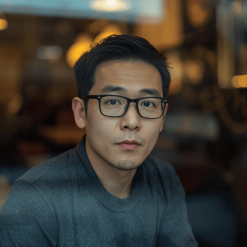 Headshot of Mr J, a relaxed contractor sitting beside a cafe window.